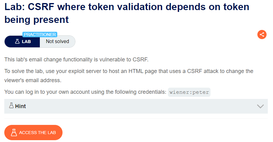 CSRF where token validation depends on token being present writeup