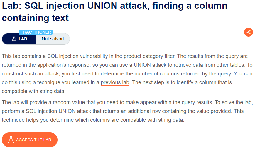 SQL injection UNION attack, finding a column containing text writeup