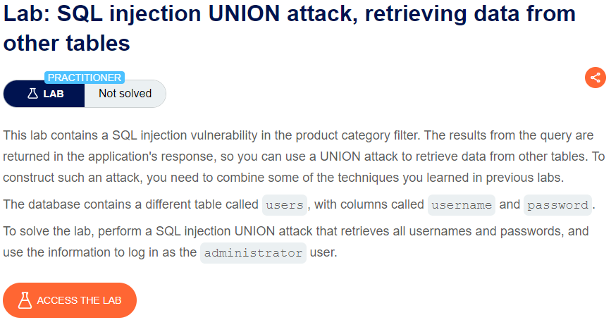 SQL injection UNION attack, retrieving data from other tables writeup