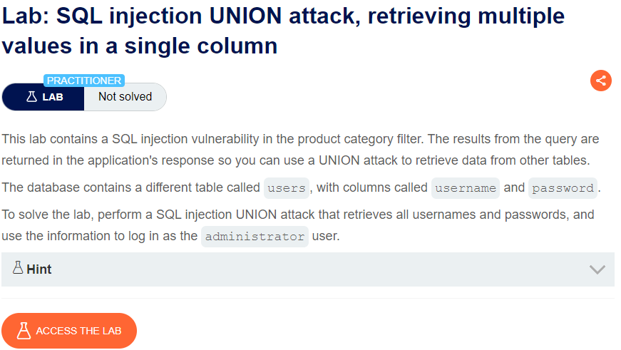 SQL injection UNION attack, retrieving multiple values in a single column writeup
