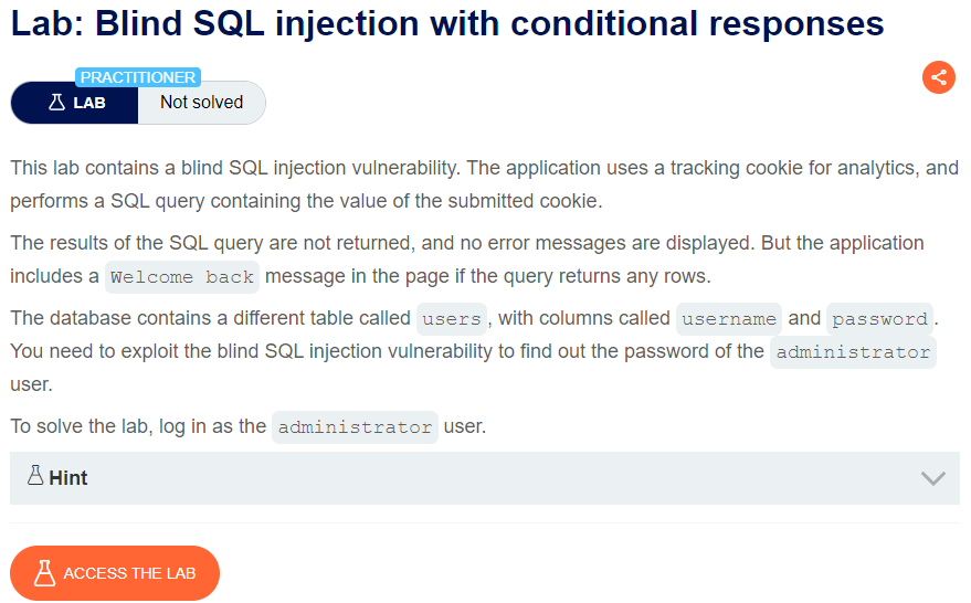 Blind SQL injection with conditional responses writeup