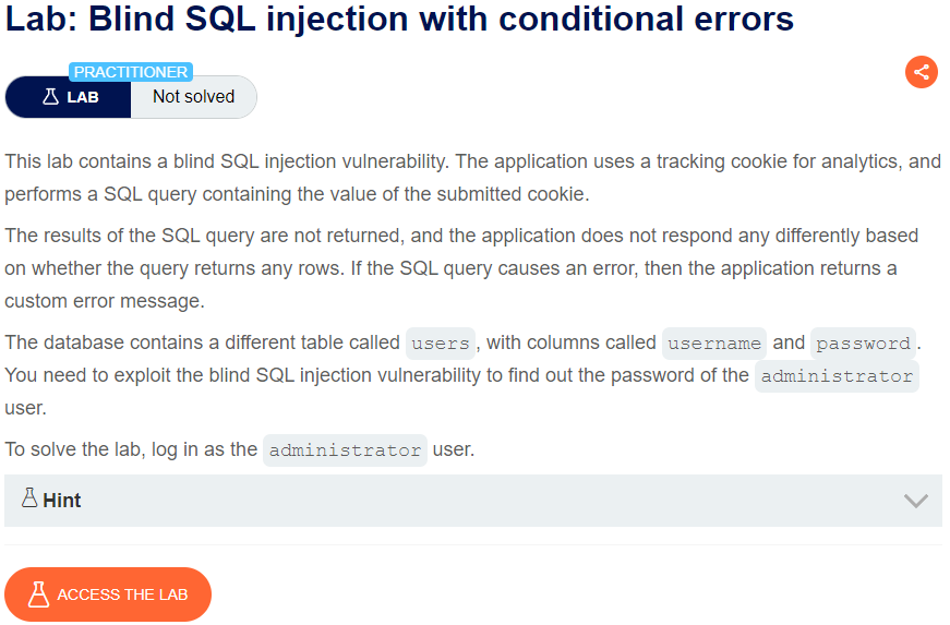 Blind SQL injection with conditional errors writeup