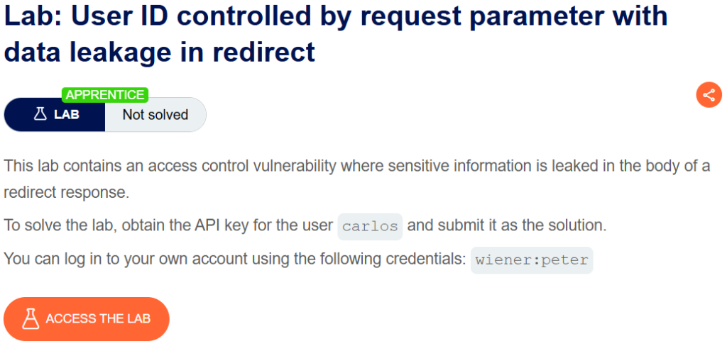 User ID controlled by request parameter with data leakage in redirect writeup