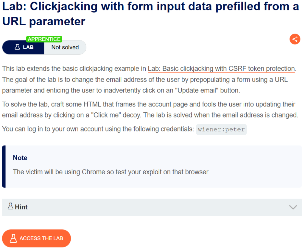 Clickjacking with form input data prefilled from a URL parameter writeup
