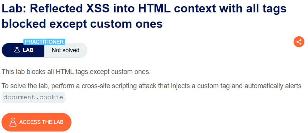 Reflected XSS into HTML context with all tags blocked except custom ones writeup