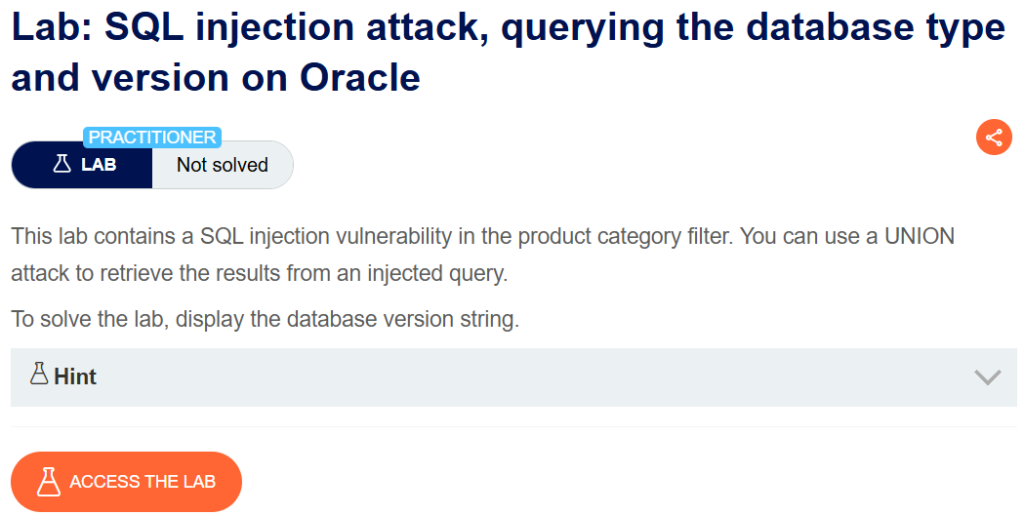 SQL injection attack, querying the database type and version on Oracle writeup