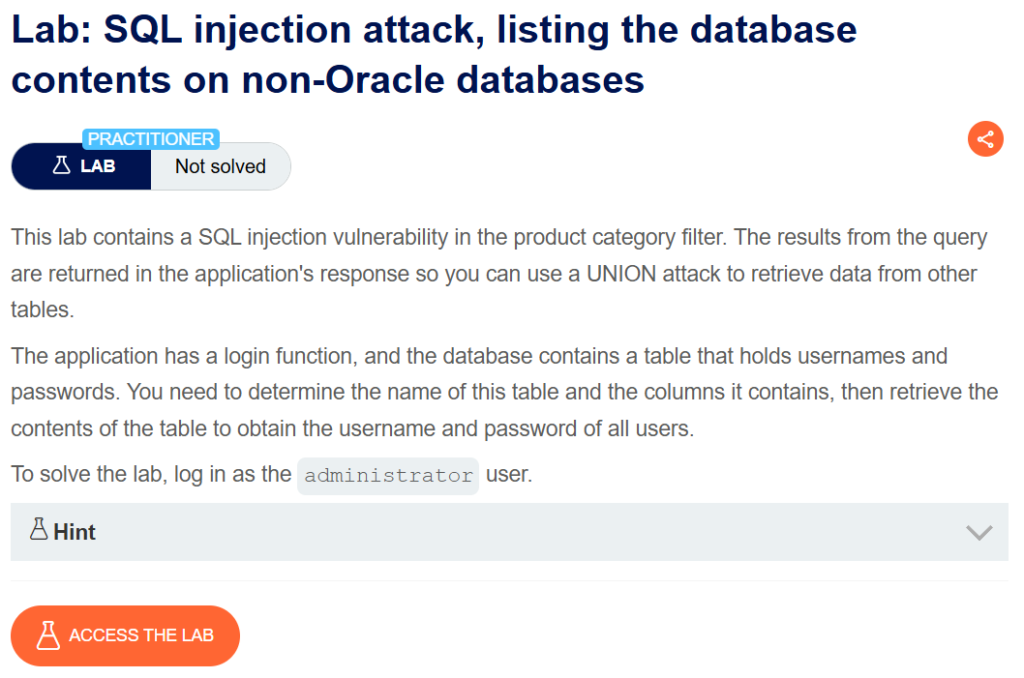 SQL injection attack, listing the database contents on non-Oracle databases writeup