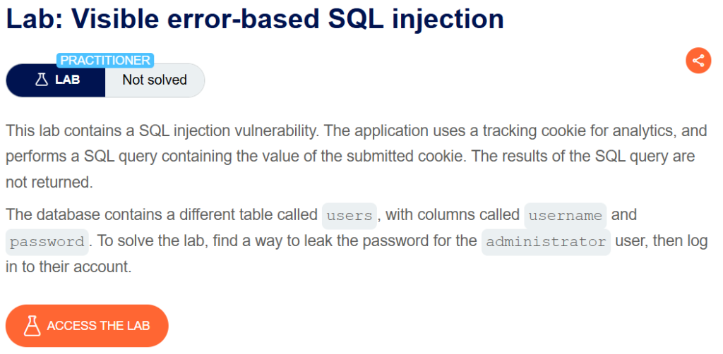Visible error-based SQL injection writeup