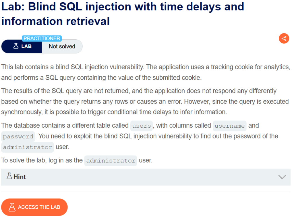 Blind SQL injection with time delays and information retrieval writeup