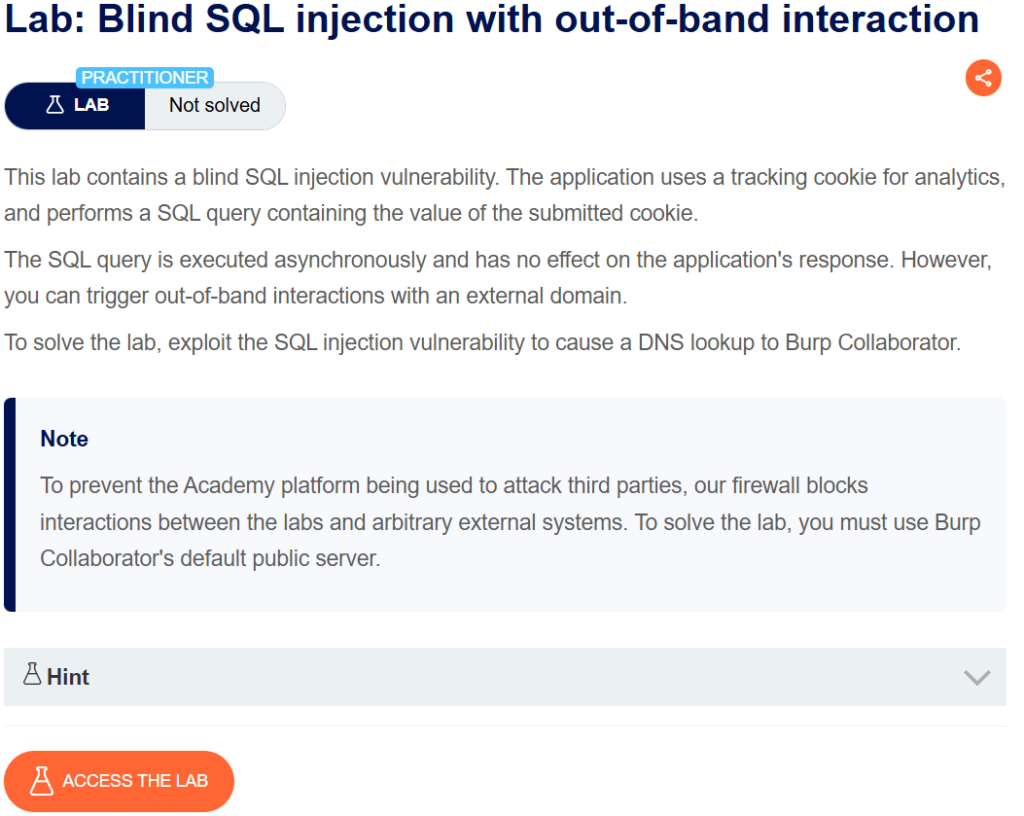 Blind SQL injection with out-of-band interaction writeup
