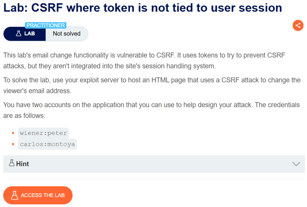 CSRF where token is not tied to user session writeup
