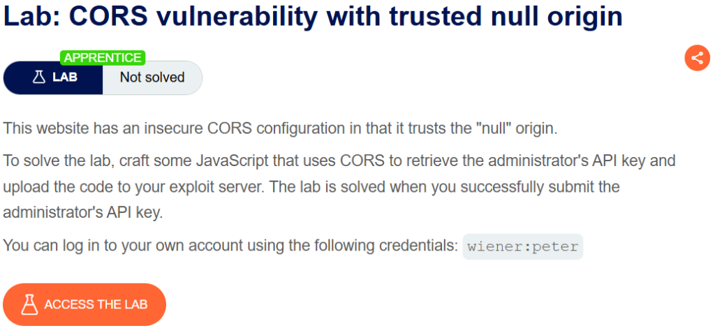 CORS vulnerability with trusted null origin writeup