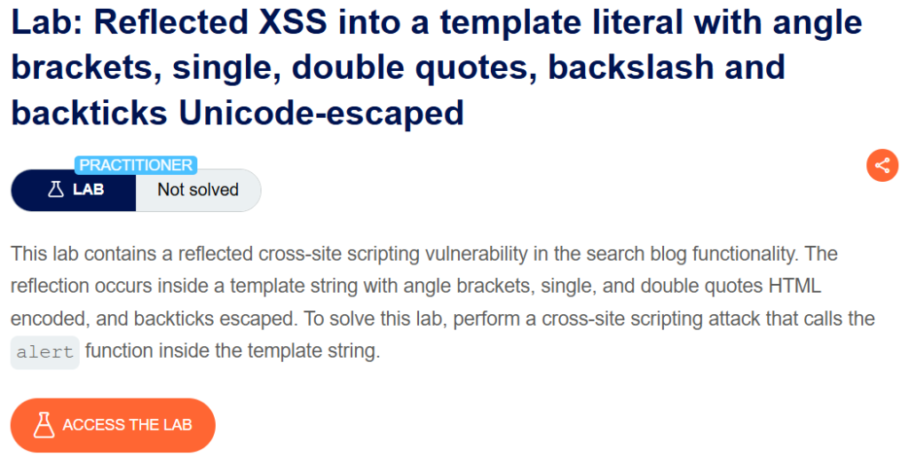 Reflected XSS into a template literal with angle brackets, single, double quotes, backslash and backticks Unicode-escaped writeup
