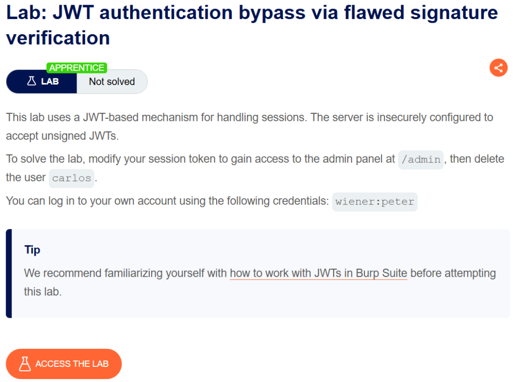 JWT authentication bypass via flawed signature verification writeup