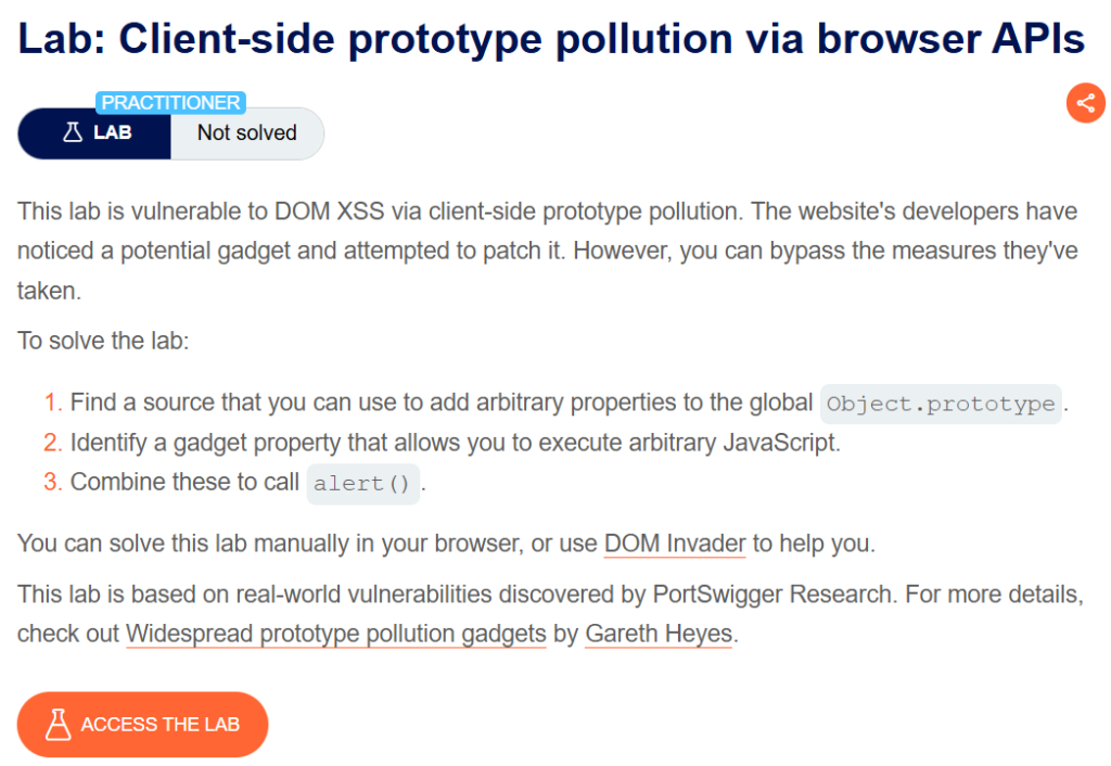 Client-side prototype pollution via browser APIs writeup
