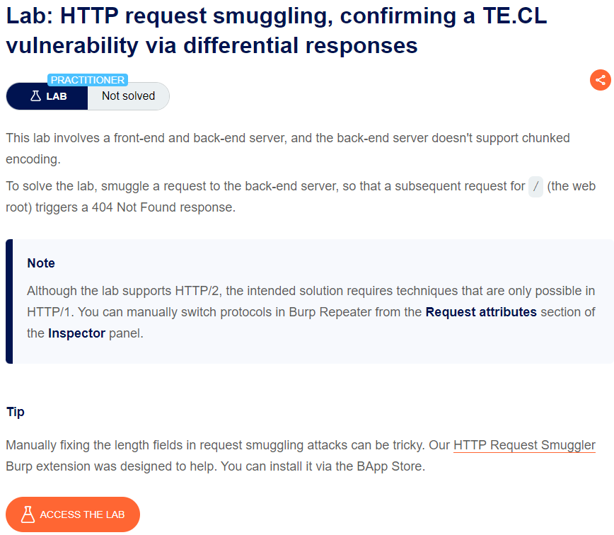 HTTP request smuggling, confirming a TE.CL vulnerability via differential responses writeup