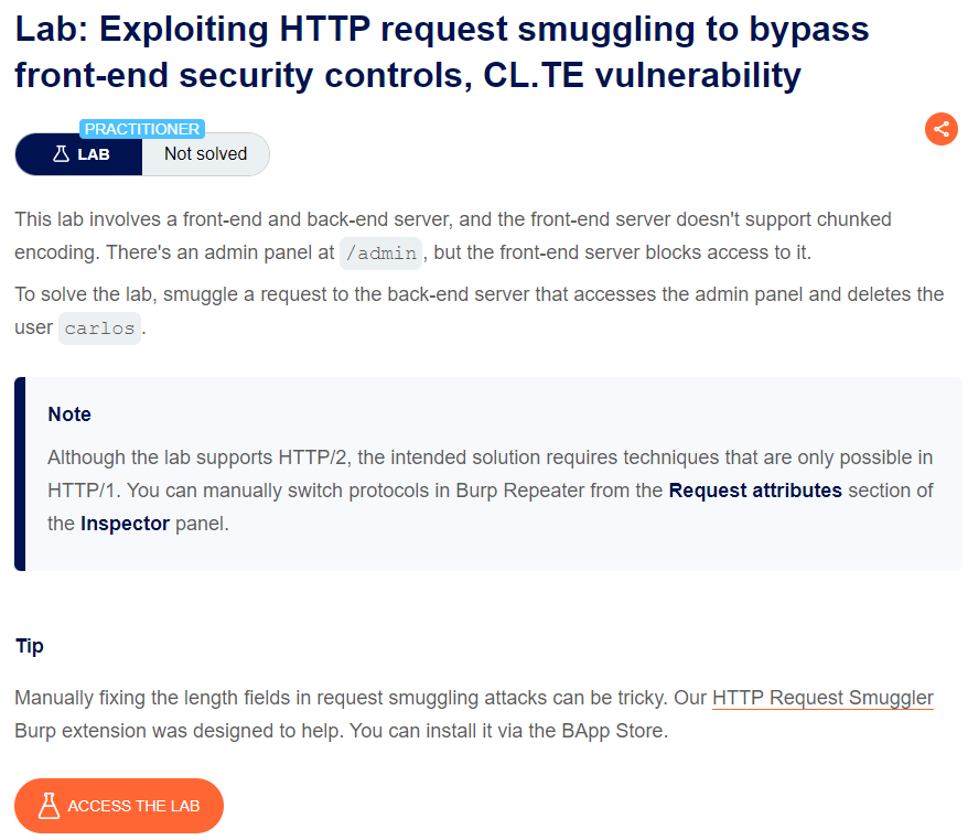 Exploiting HTTP request smuggling to bypass front-end security controls, CL.TE vulnerability writeup
