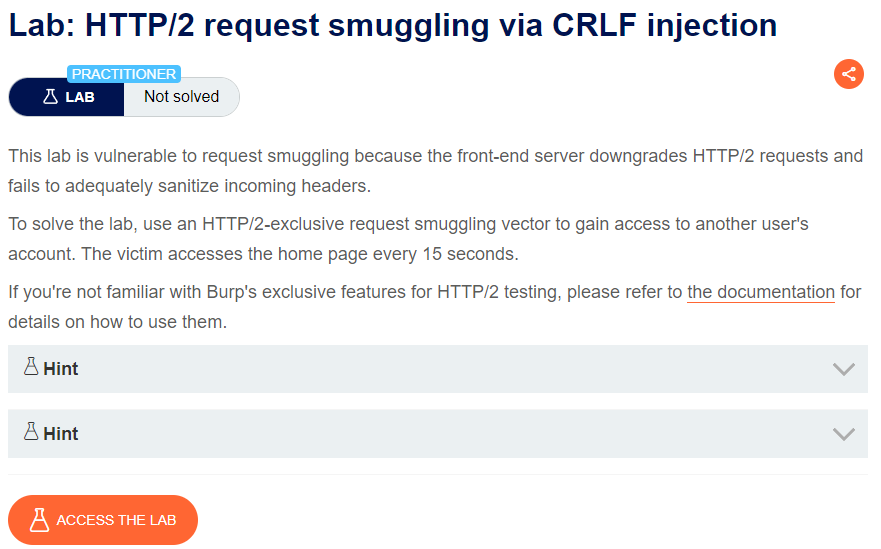HTTP/2 request smuggling via CRLF injection writeup