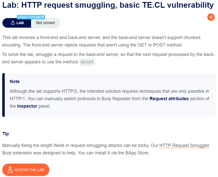 HTTP request smuggling, basic TE.CL vulnerability writeup