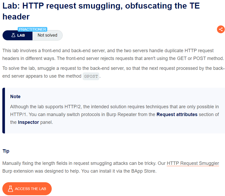HTTP request smuggling, obfuscating the TE header writeup
